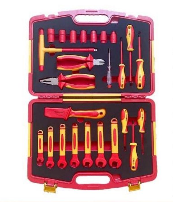 VDE 1000V Insulated 25-Piece 3/8" Tool Set | 3/8" Metric Sockets 8–17mm, Open-End Wrenches 8–17mm, T-Handle Wrench, Combination Pliers, Diagonal Cutters, Cable Cutter, Voltage Tester & Phillips/Slotted Screwdrivers | Ergonomic Dual-Color Design | 10000V High Voltage Tested | DIN EN IEC 60900:2018 Certified | PHC25B