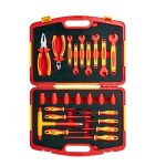 VDE 1000V Insulated 24-Piece 1/2" Tool Set | Metric Sockets 10–19mm, Open-End Wrenches 10–18mm, T-Handle Wrench, Combination Pliers, Diagonal Cutters & Slotted/Phillips Screwdrivers | Ergonomic Dual-Color Injection Molded Design | 10000V High Voltage Tested | DIN EN IEC 60900:2018 Certified | PHC24B