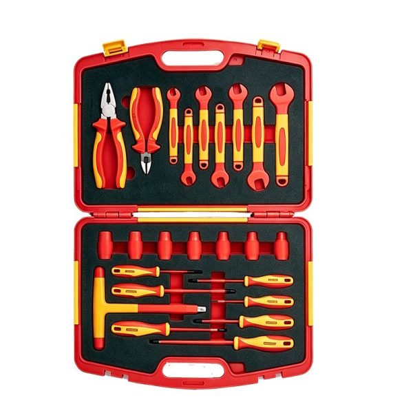 VDE 1000V Insulated 24-Piece 1/2" Tool Set | Metric Sockets 10–19mm, Open-End Wrenches 10–18mm, T-Handle Wrench, Combination Pliers, Diagonal Cutters & Slotted/Phillips Screwdrivers | Ergonomic Dual-Color Injection Molded Design | 10000V High Voltage Tested | DIN EN IEC 60900:2018 Certified | PHC24B
