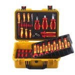 VDE 1000V Insulated 46-Piece Tool Set | Metric Sockets 10–32mm, Hexagon Sockets 4–10mm, Ratchet & T-Handle Wrenches, Extension Bars, Open-End & Double Offset Ring Spanners | Combination, Long Nose, Diagonal Cutting & Water Pump Pliers | Slotted & Phillips Screwdrivers, Voltage Tester | Heavy-Duty Waterproof Tool Case 460×360×160mm | Ergonomic Dual-Color Design | 10000V High Voltage Tested | DIN EN IEC 60900:2018 Certified | PHC46