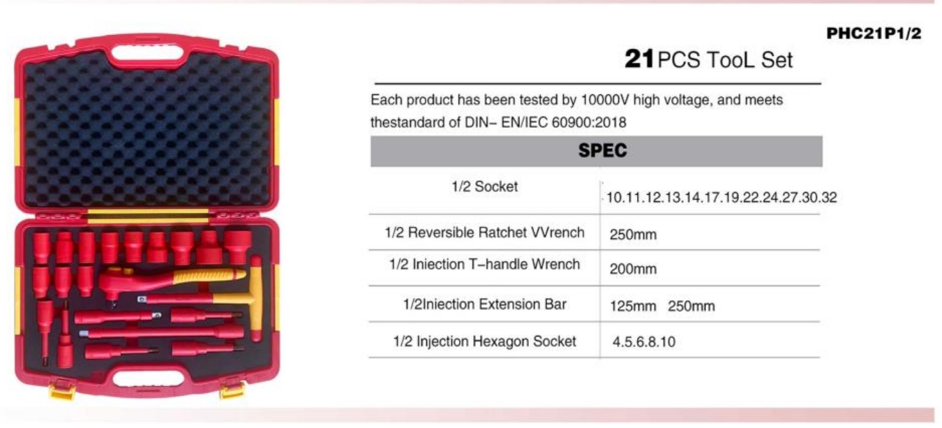 VDE 1000V Insulated 21-Piece 1/2" Tool Set | 1/2" Metric Sockets 10–32mm, Reversible Ratchet Wrench, T-Handle Wrench, Extension Bars & Hexagon Sockets 4–10mm | Ergonomic Dual-Color Injection Molded Design | 10000V High Voltage Tested | DIN EN IEC 60900:2018 Certified | PHC21P1/2 1 zhutu69 | Hemex VDE Tools – Professional 1000V Insulated Tools