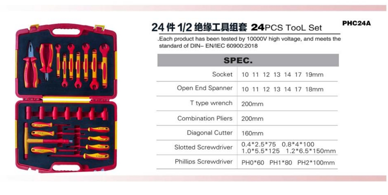 VDE 1000V Insulated 24-Piece 1/2" Tool Set | Metric Sockets 10–19mm, Open-End Wrenches 10–18mm, T-Handle Wrench, Combination Pliers, Diagonal Cutters & Slotted/Phillips Screwdrivers | Ergonomic Dual-Color Injection Molded Design | 10000V High Voltage Tested | DIN EN IEC 60900:2018 Certified | PHC24A 1 zhutu75 | Hemex VDE Tools – Professional 1000V Insulated Tools