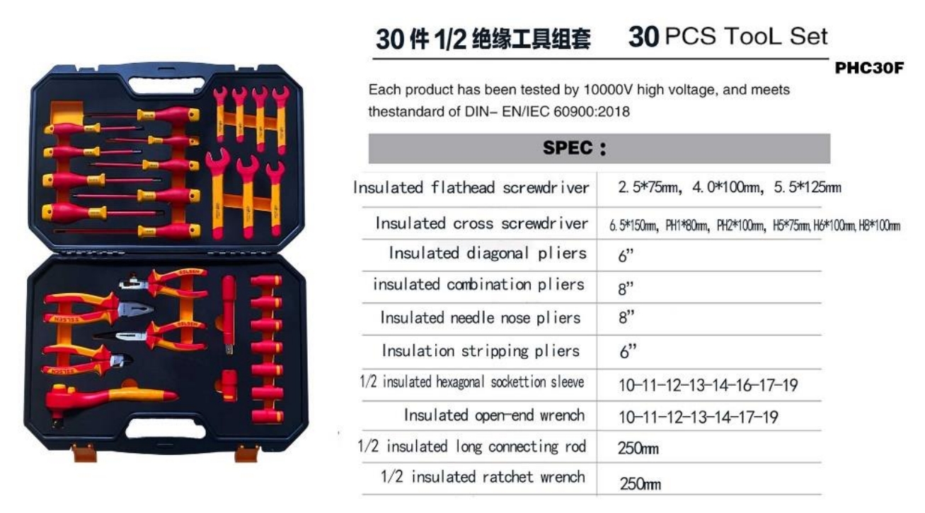 VDE 1000V Insulated 30-Piece 1/2" Tool Set | Slotted & Phillips Screwdrivers, Hex Sockets, Diagonal & Combination Pliers, Needle Nose & Wire Stripping Pliers, Open-End Wrenches, Ratchet Wrench & Extension Bar | Metric Sizes 10–19mm | Ergonomic Dual-Color Design | 10000V High Voltage Tested | DIN EN IEC 60900:2018 Certified | PHC30F 1 zhutu82 | Hemex VDE Tools – Professional 1000V Insulated Tools