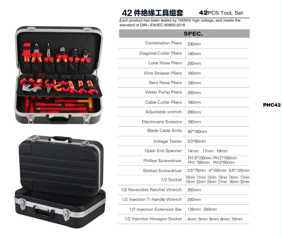 VDE 1000V Insulated 42-Piece Tool Set | 1/2" Metric Sockets 10–32mm, Reversible Ratchet & T-Handle Wrenches, Extension Bars & Hex Sockets | Combination, Diagonal Cutting, Long Nose, Wire Stripping, Bent Nose, Water Pump & Cable Cutter Pliers | Adjustable Wrench, Electrician's Scissors, Cable Knife, Voltage Tester & Phillips/Slotted Screwdrivers | Ergonomic Dual-Color Design | 10000V High Voltage Tested | DIN EN IEC 60900:2018 Certified | PHC42 1 zhutu84 | Hemex VDE Tools – Professional 1000V Insulated Tools
