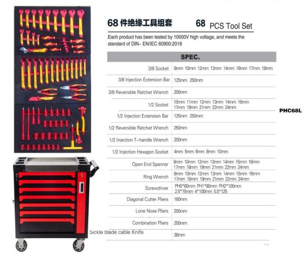 VDE 1000V Insulated 68-Piece Tool Set | 3/8" & 1/2" Metric Socket Sets 8–24mm, Reversible Ratchet Wrenches, T-Handle Wrench, Extension Bars & Hexagon Sockets | Open-End & Ring Wrenches | Diagonal Cutters, Long Nose & Combination Pliers | Sickle Blade Cable Knife | Phillips & Slotted Screwdrivers | Ergonomic Dual-Color Injection Molded Design | 10000V High Voltage Tested | DIN EN IEC 60900:2018 Certified | PHC68L